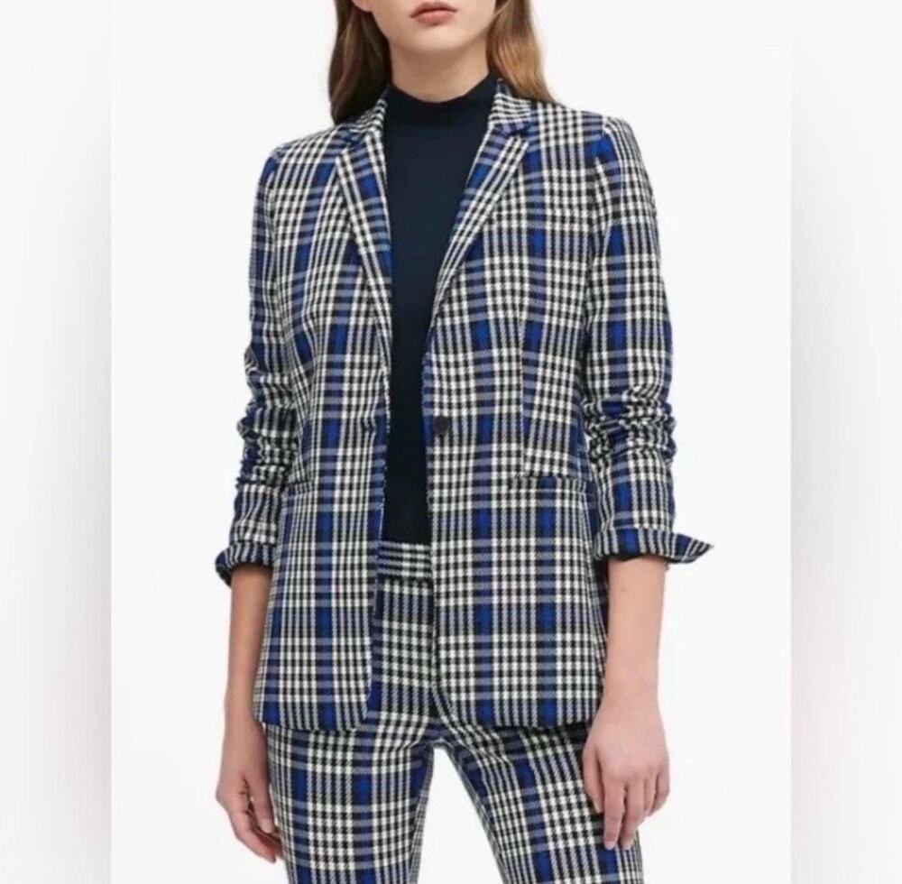Banana Republic Long & Lean-Fit Plaid Blazer, Blue/Black/White, Size 14